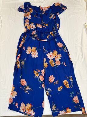 A Beautiful Soul Blue Floral Summer Ruffled Wide Leg Jumpsuit Size 8